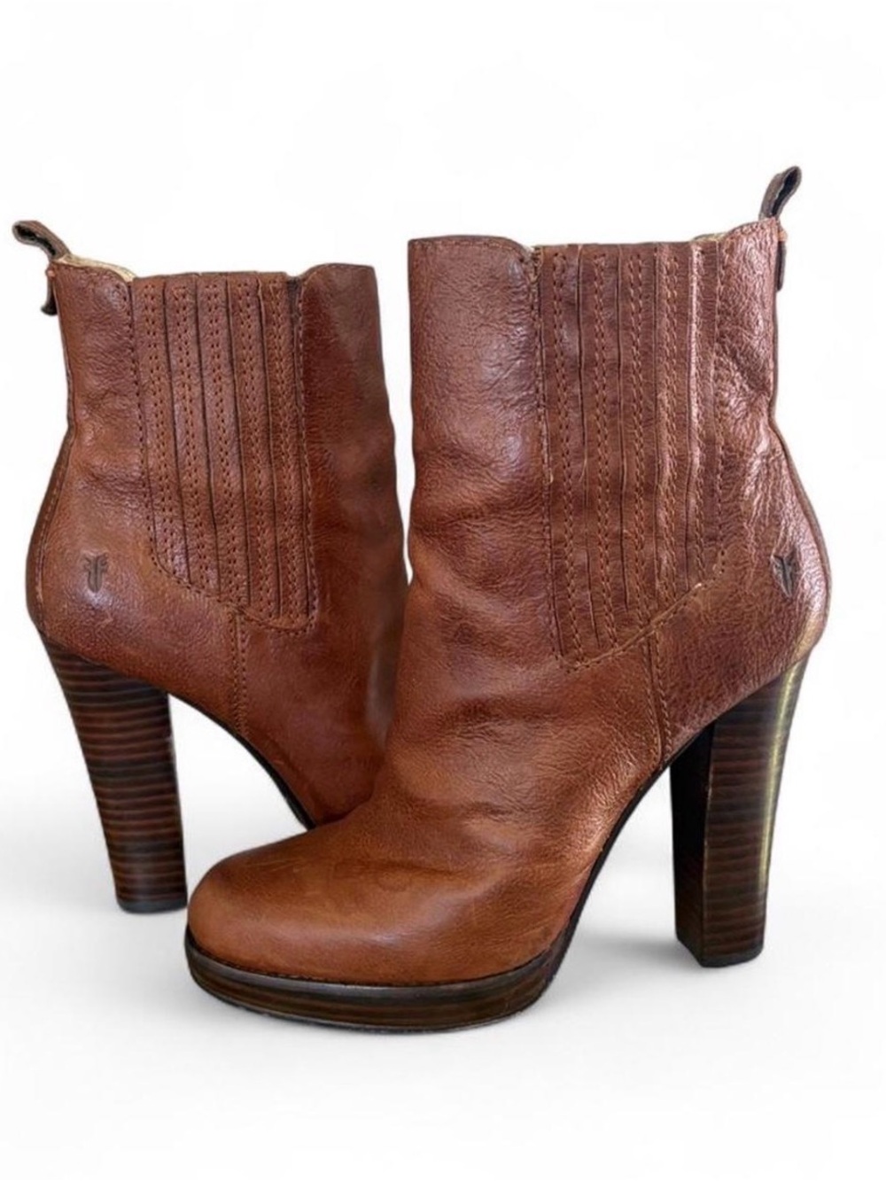 Frye Cognac Leather Stacked Heel Ankle Boots